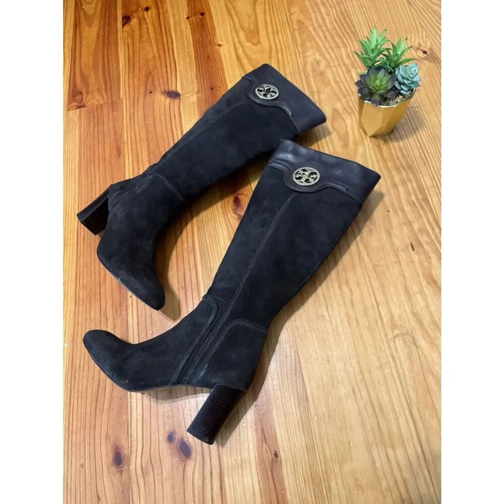 Tory Burch Selma Mid Heel Tall Riding Boots Womens SIZE 8.5M Brown Suede Leather